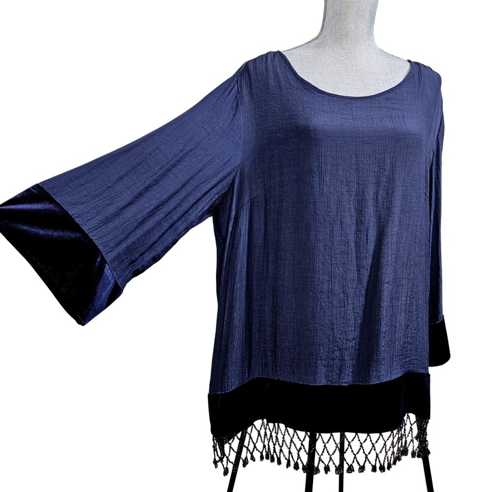 Krazy Kat Navy Blue Velvet-Trim Beaded‎ Fringe Crinkle Blouse XL ResortwearBoho